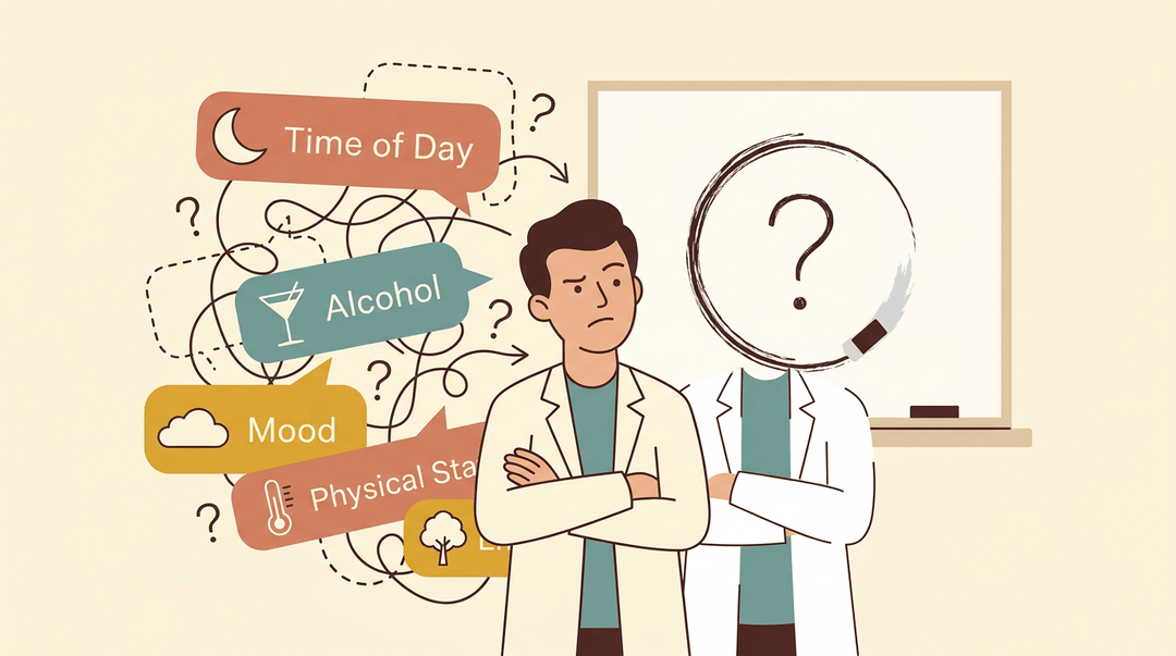 A skeptical scientist crosses arms before a whiteboard question mark, surrounded by messy, overlapping icons representing confusing variables like time and mood.