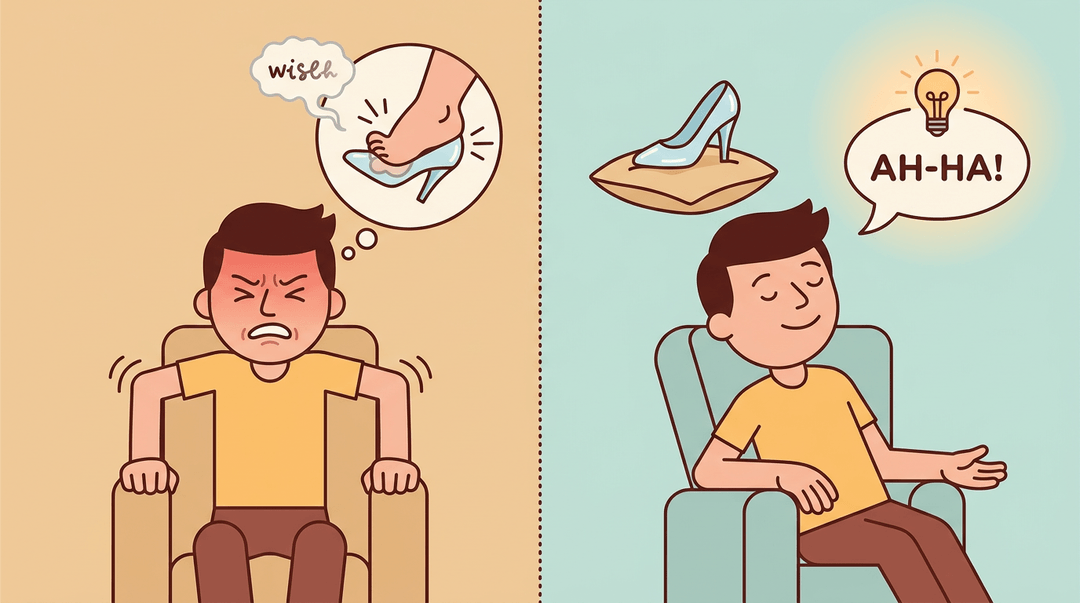 A split image shows a person straining to recall a word versus relaxing, allowing the memory to surface naturally.