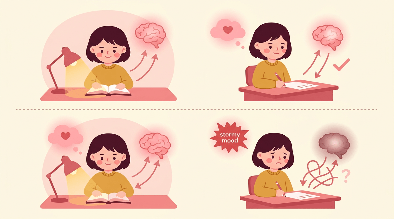 A cartoon student shows how a calm mood aids memory recall during exams, while stress blocks information retrieval.