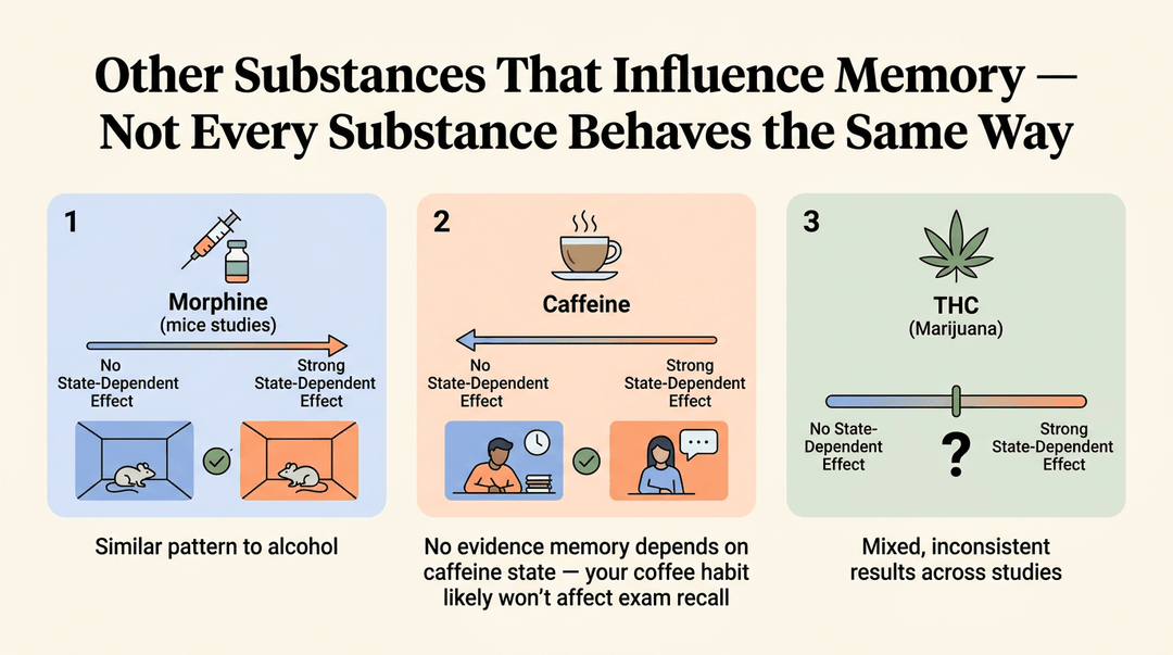 Infographic comparing state-dependent memory effects of morphine, caffeine, and THC using sliders to show strong, none, or mixed results.