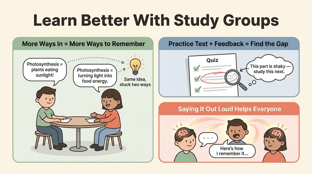 Three panels show study group benefits: multiple explanations, feedback on gaps, and explaining aloud to reinforce learning for everyone.