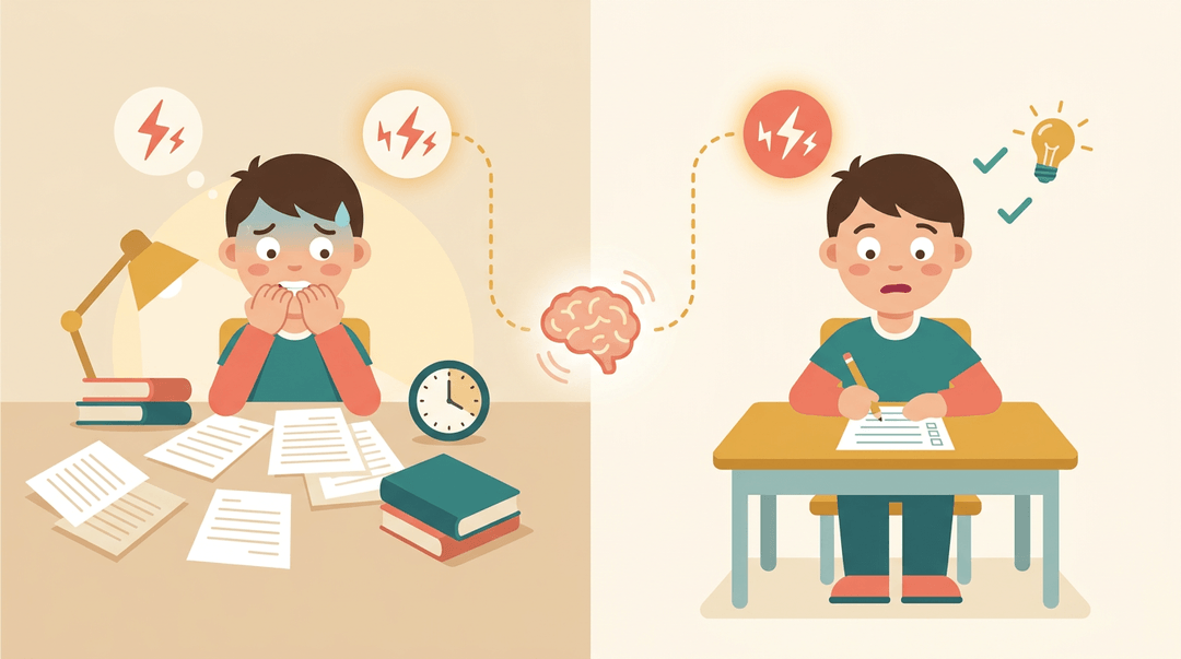 A student transitions from anxious studying to recalling information during an exam, linked by a glowing line.