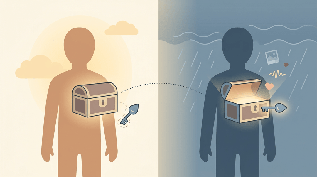 Split silhouette shows a locked chest in warm light and an open one in blue, linked by a key that fits only when emotions match.