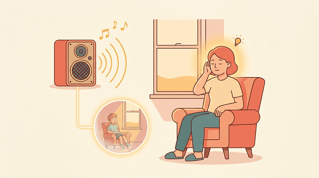 A person in an armchair hears music from a radio, triggering a vivid memory bubble of their younger self.