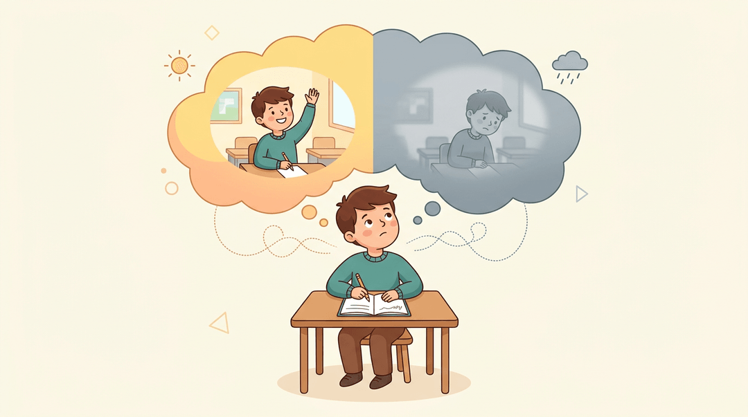 Student at desk with a split thought bubble showing happy mood as bright memory and low mood as foggy, hard-to-retrieve memory.