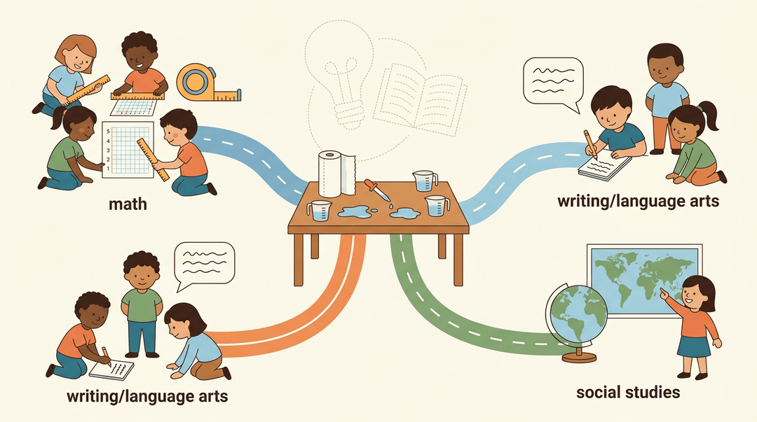 A central table branches into paths for math, writing, and social studies where diverse kids explore subjects independently.