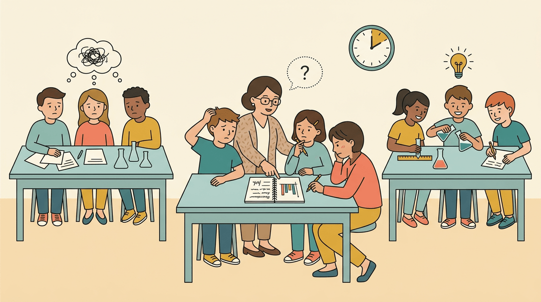 A teacher guides one student group to think while others struggle or succeed independently, showing facilitation over lecturing.