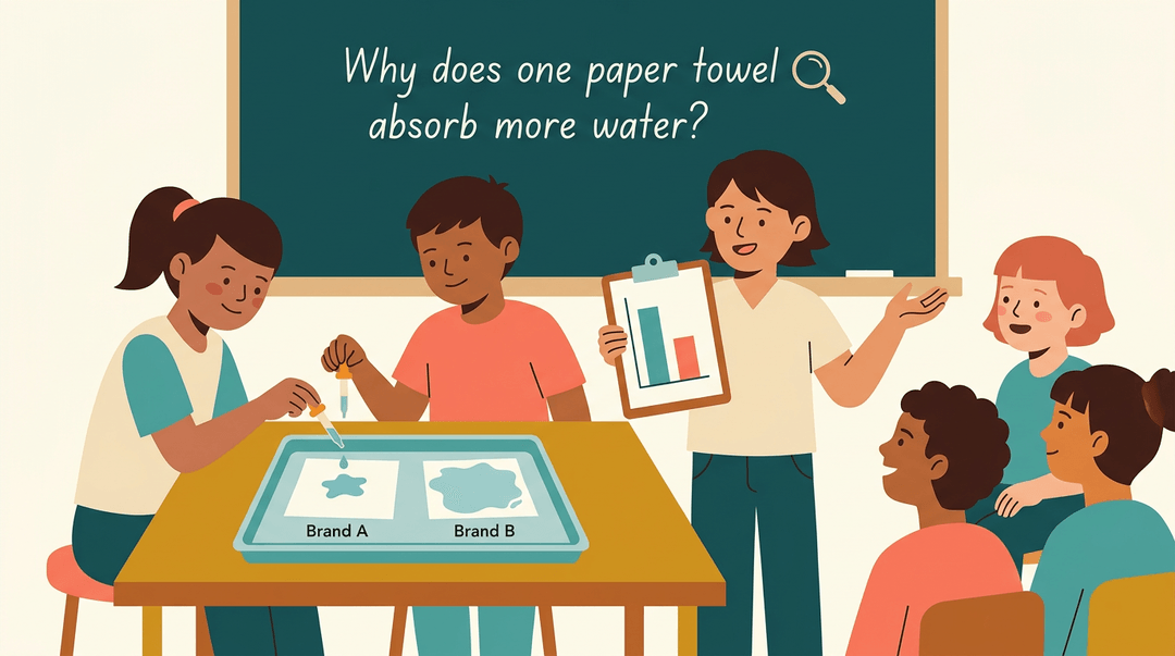 Students compare paper towel absorption rates and present their data to classmates in a science lesson.