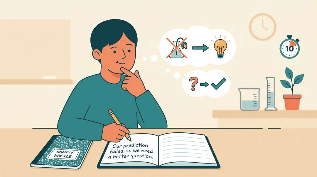 High school student reflects on failed STEAM lab experiment, writing in journal with icons showing analysis of results.