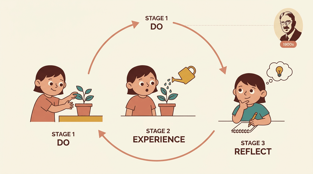 A flat illustration shows a child cycling through Do, Experience, and Reflect stages, with a subtle nod to John Dewey in the corner.