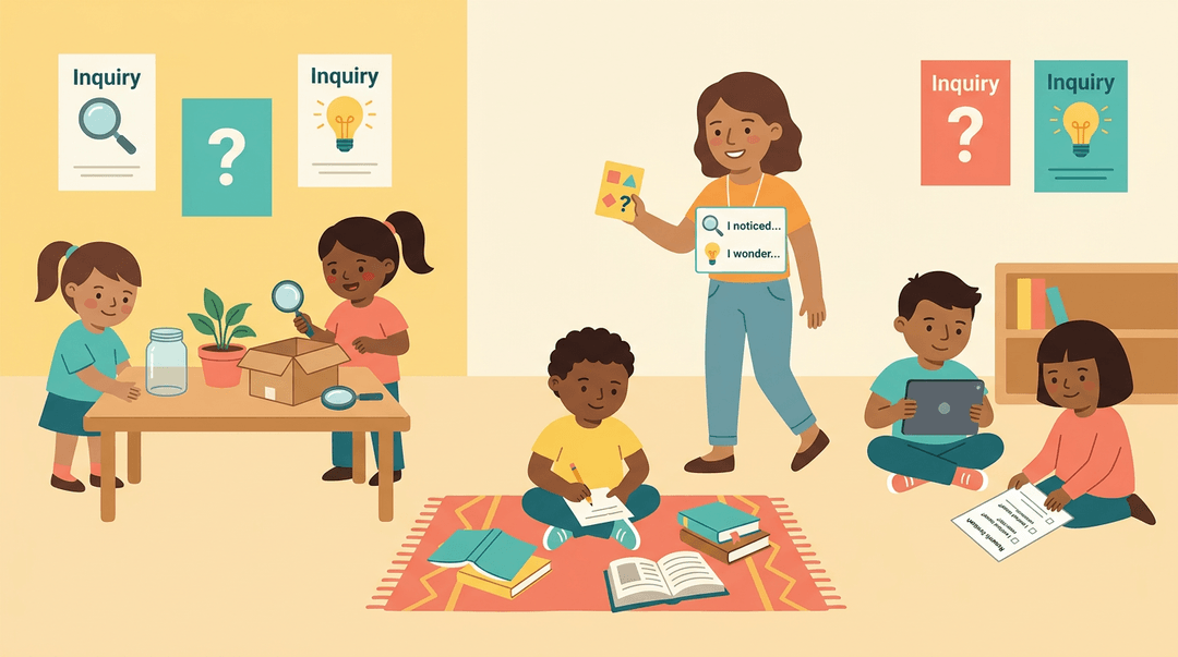 Diverse students engage in equitable inquiry-based learning using varied tools while a teacher guides them with visual supports.