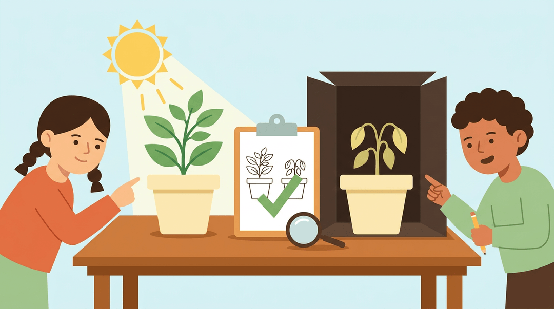 Two students observe a science experiment comparing a healthy plant in sunlight to a wilting one in darkness, with a clipboard showing the results.