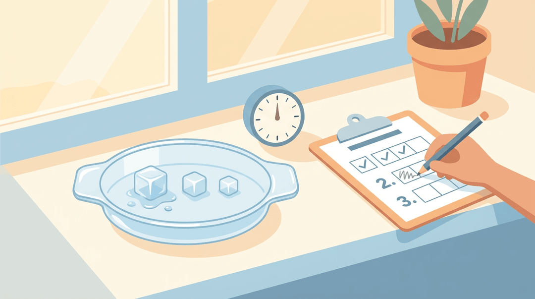 Ice cubes melting beside a timer and chart being filled out by a child's hand, illustrating a step-by-step science experiment.