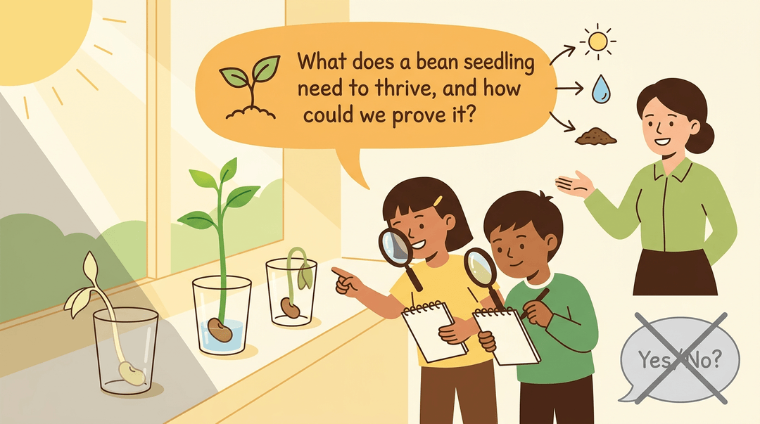 Students and teacher observe bean seedlings to investigate needs, contrasting open questions with closed ones.