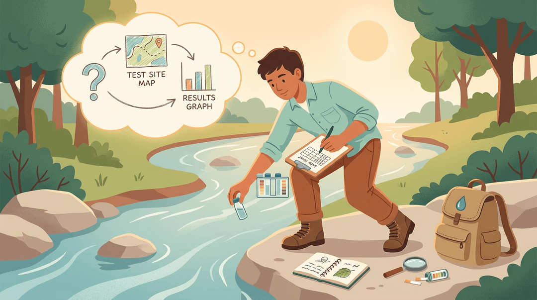 A student independently collects water samples outdoors, using a thought bubble to visualize their self-directed scientific investigation process.