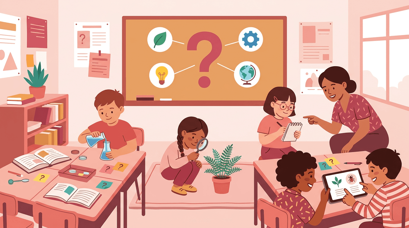 Diverse students explore science in a clustered classroom while a teacher guides them, with a question-mark chalkboard in the background.