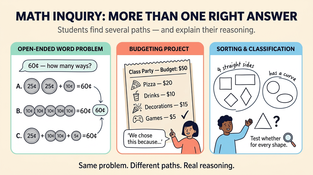 Infographic showing three math inquiry examples: coin combinations, budgeting, and shape sorting to demonstrate multiple valid problem-solving paths.