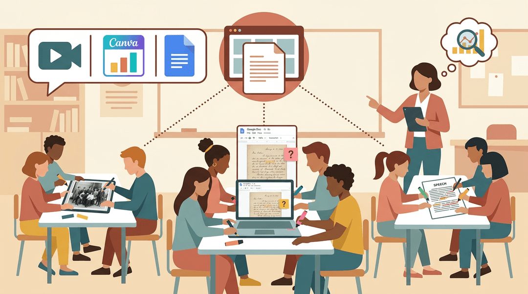 Students collaborate on primary sources like letters and photos, while a teacher monitors their digital inquiry using tablets and shared documents.