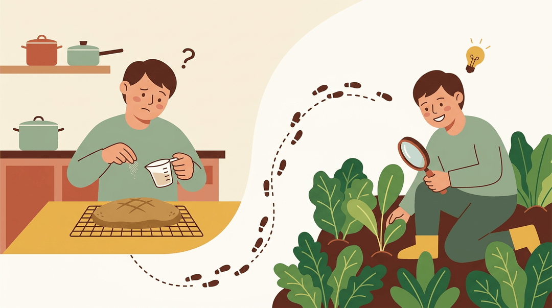 A person transitions from confusion over dense bread to curiosity about plants in a garden, symbolizing the journey from question to discovery.