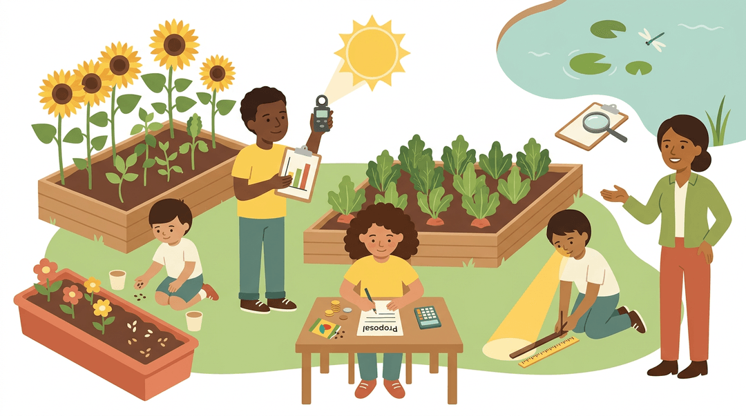 Diverse students collaborate in a garden, measuring sun angles, budgeting seeds, and graphing data under mentor guidance.