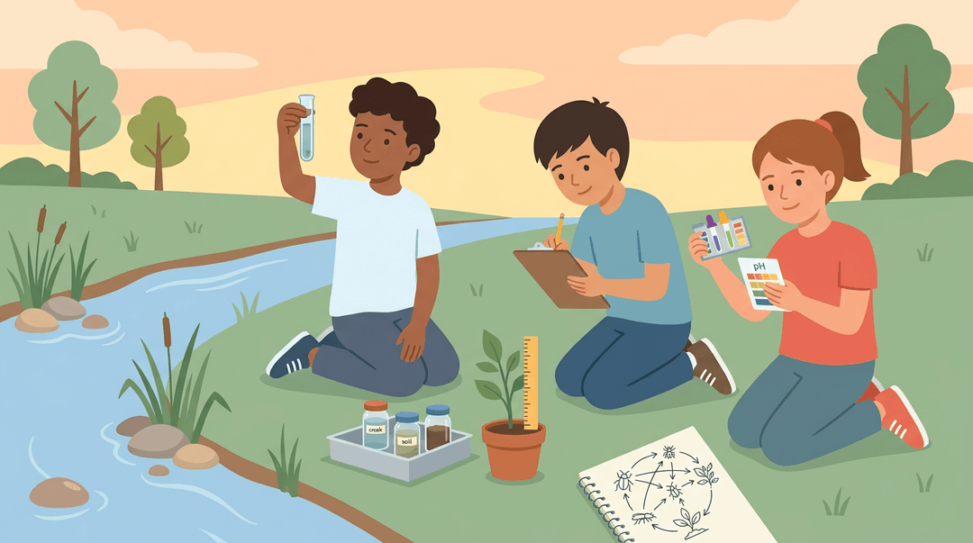 Three students investigate a creek, testing water quality and observing an ecosystem with tools and samples.