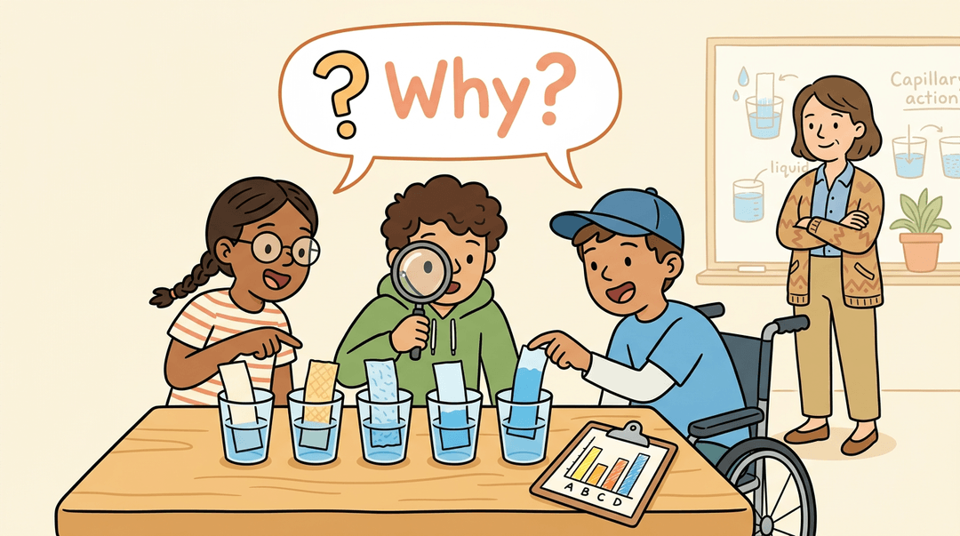 Diverse students observe paper towels absorbing blue water, exploring capillary action with curiosity while a teacher watches.