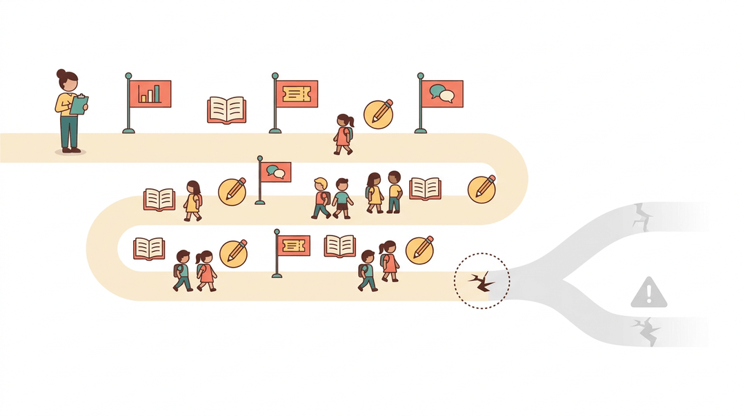A teacher plans a learning path with checkpoints between new material and practice, spotting small issues early to avoid pitfalls.