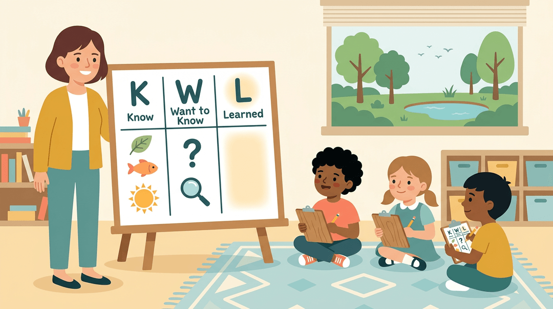 Teacher and students use KWL charts to start an ecosystems lesson.