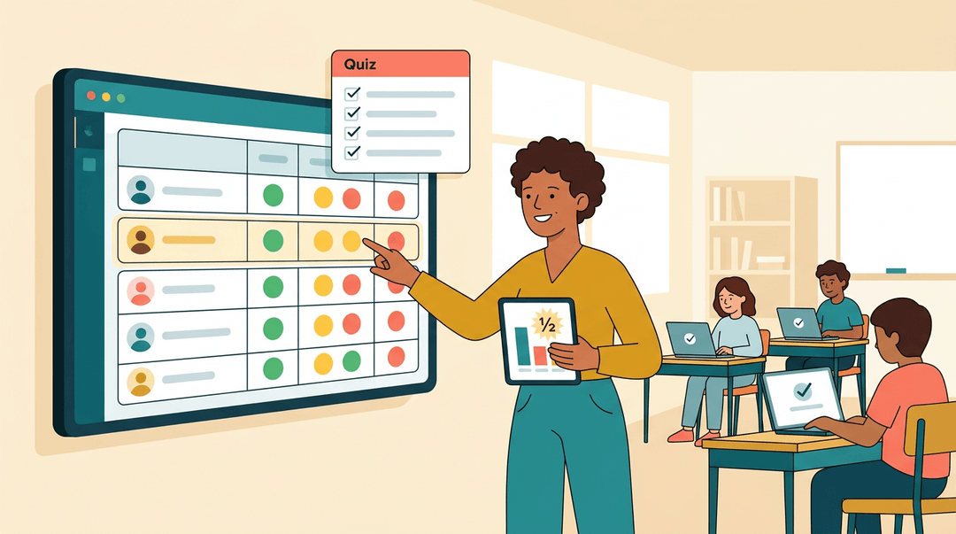 A teacher points to a digital dashboard showing student mastery levels and poll results, using real-time data to plan small groups.