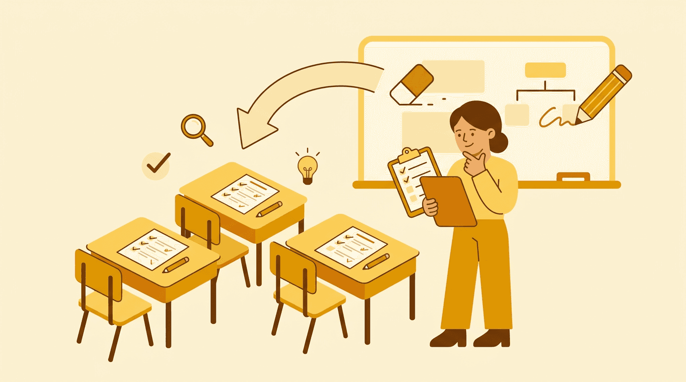 A teacher reviews student quizzes and adjusts a whiteboard lesson plan, symbolizing real-time assessment feedback.