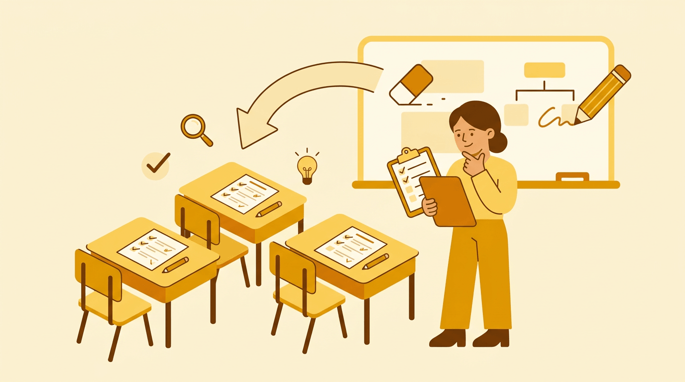 A teacher reviews student quizzes and adjusts a whiteboard lesson plan, symbolizing real-time assessment feedback.