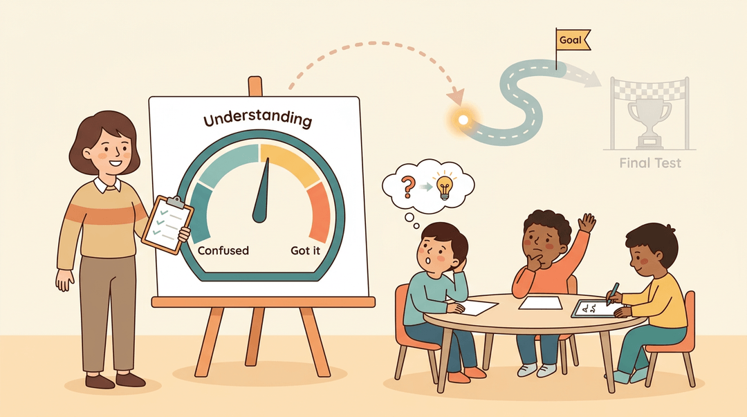 A teacher and students use a gauge to track understanding, emphasizing progress over final grades.