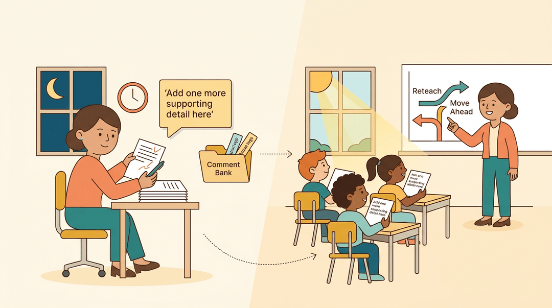 Teacher reviews papers at night with specific feedback, then uses insights to guide next-day instruction in class.