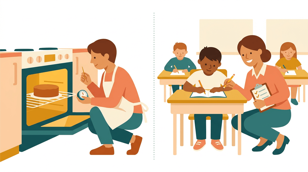 A split image comparing a baker checking a cake to a teacher checking student work, emphasizing timely feedback.