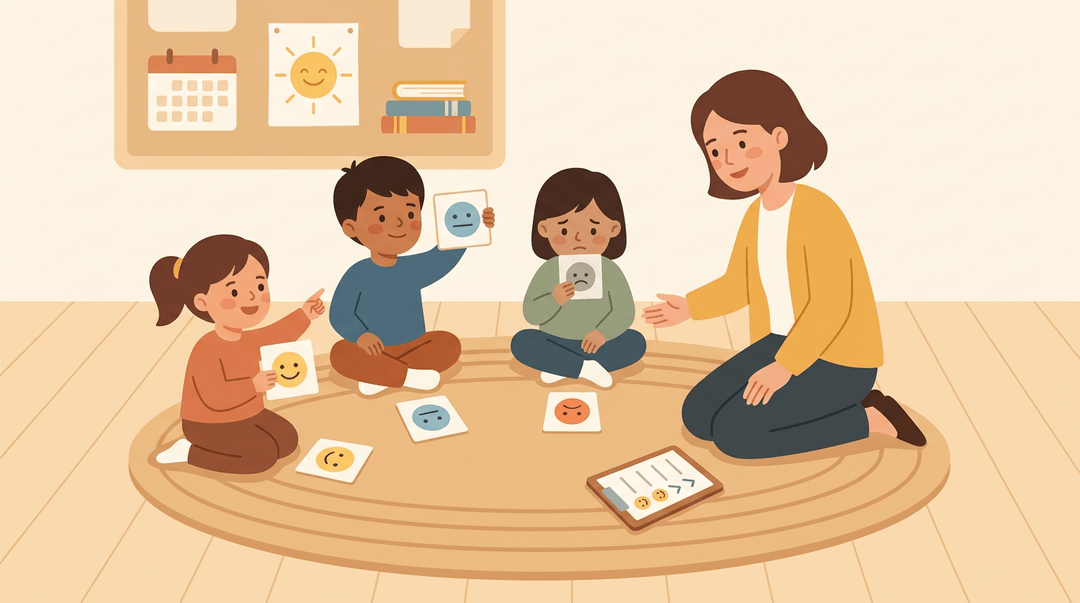 Teacher supports a worried student during a class mood check-in using simple face cards.