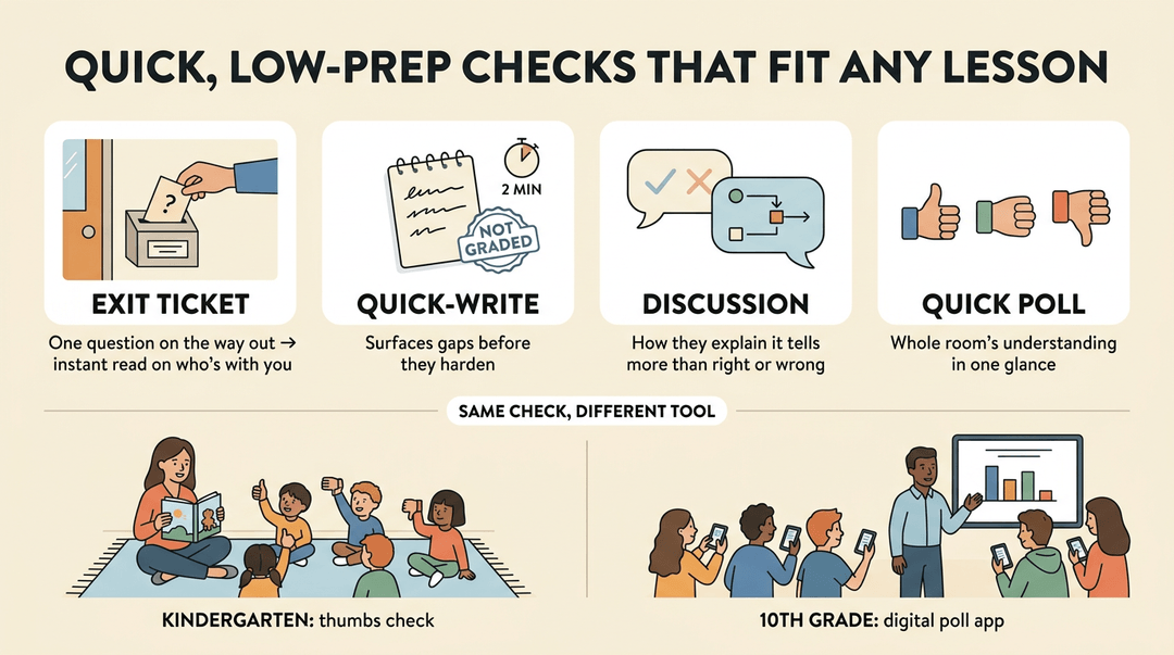Infographic showing four low-prep classroom checks: exit tickets, quick-writes, discussion, and polls.