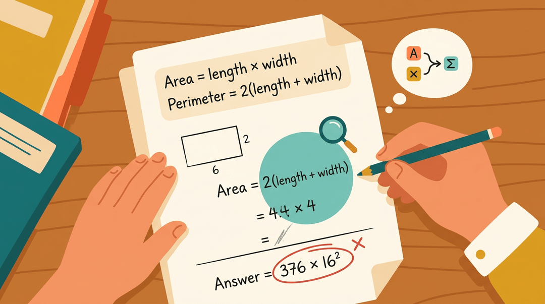 A teacher points to a highlighted step on a student's math worksheet where area and perimeter formulas were confused.