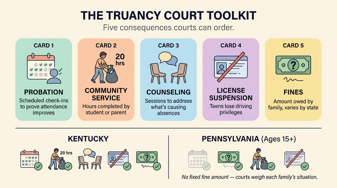 Infographic comparing truant court tools in Kentucky and Pennsylvania, listing probation, service, counseling, license suspension, and fines.