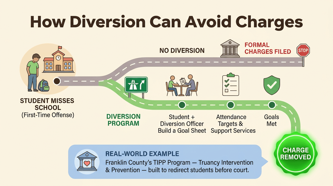 Infographic showing how diversion programs redirect students from court charges to support services, avoiding formal penalties.