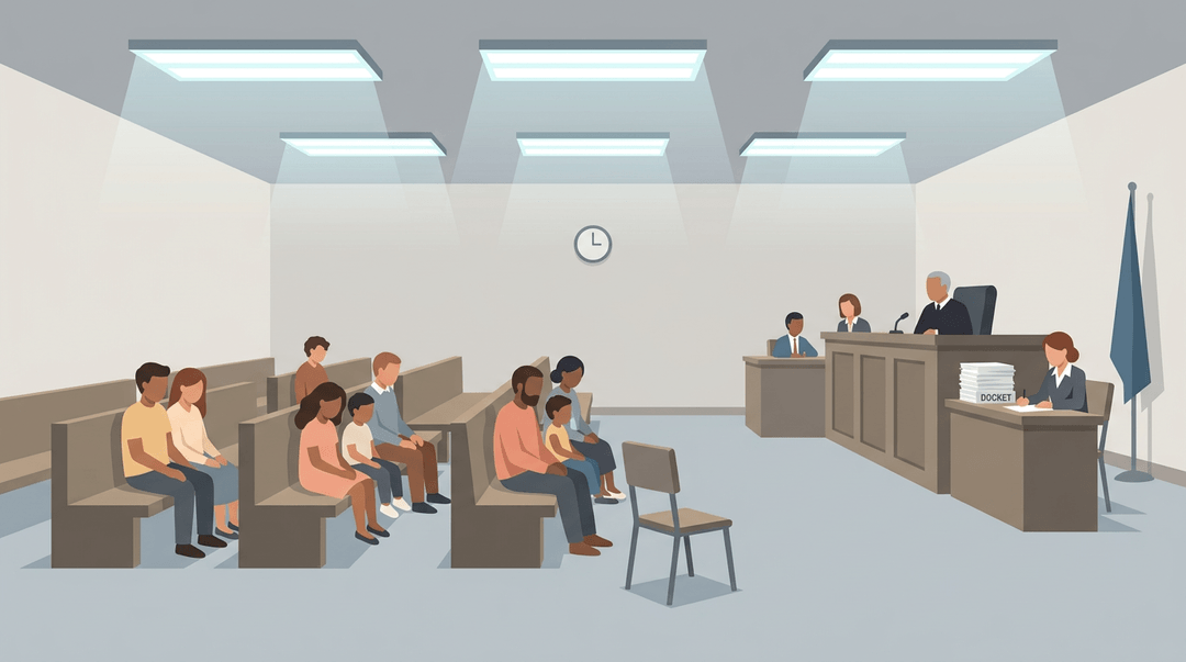 Families wait on benches in a sterile courtroom, with an empty chair highlighting the lack of legal representation.