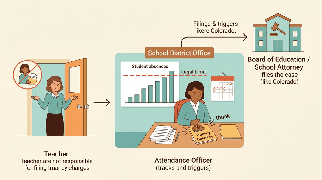 Infographic showing that an attendance officer, not a teacher, files truancy charges at the school district level.