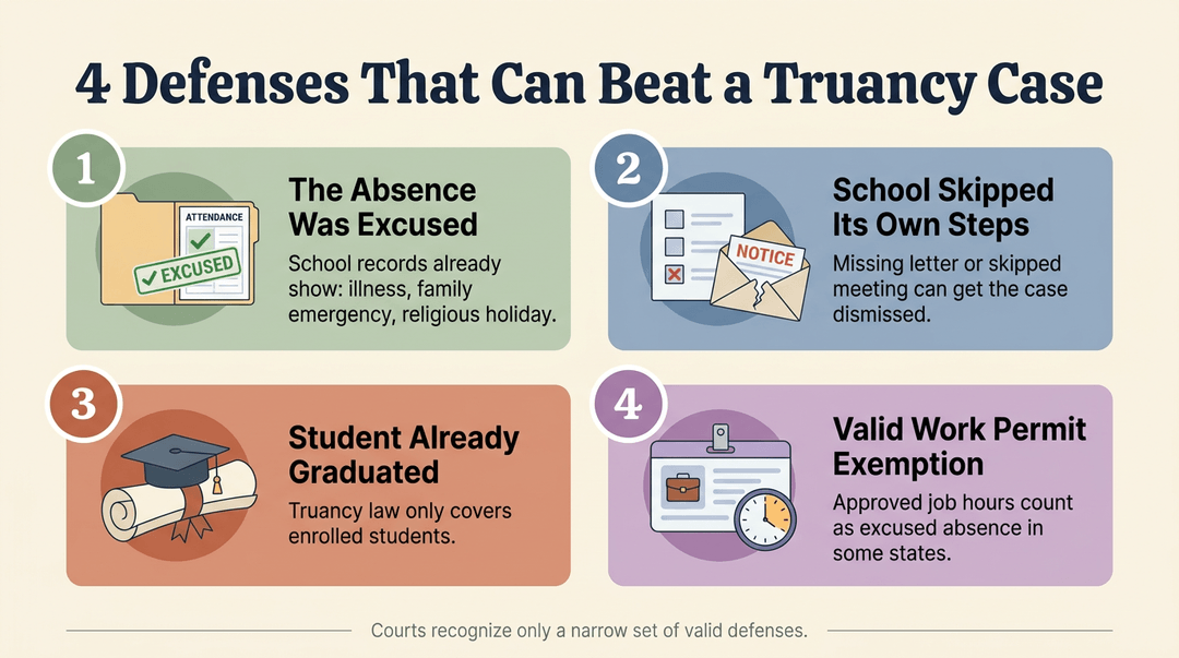 Infographic listing four legal defenses against truancy: excused absence, skipped school steps, graduation, and work permit exemptions.