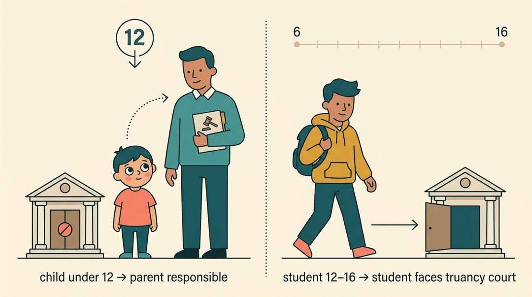 Illustration comparing ages 12 and 16 regarding truancy court, showing parent responsibility for younger children versus direct student liability for teens.