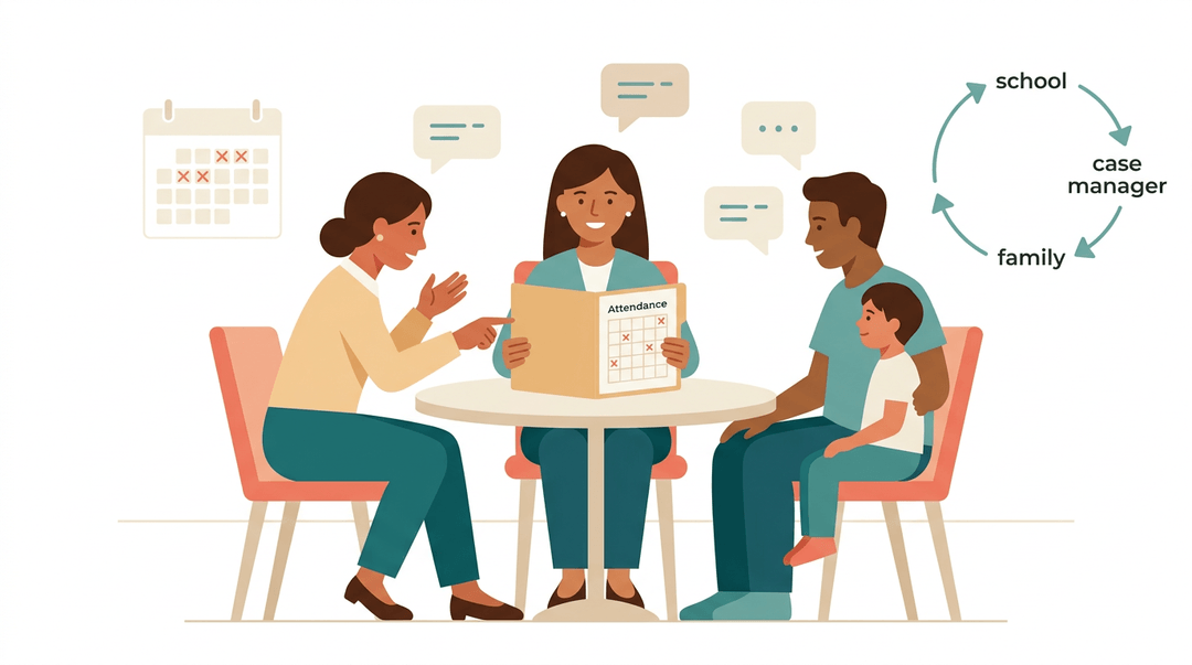 A case manager facilitates a meeting between a teacher and parent to discuss attendance, emphasizing early intervention.