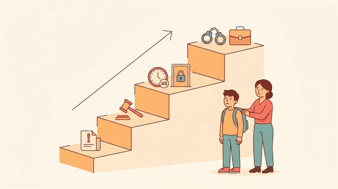 Staircase icons show escalating consequences for truancy, while a worried student and parent look on anxiously.