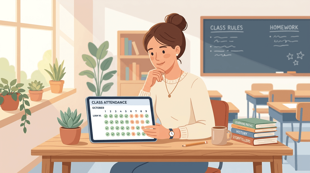 A teacher notices a pattern of student absences on a tablet, reflecting thoughtful concern and proactive care.