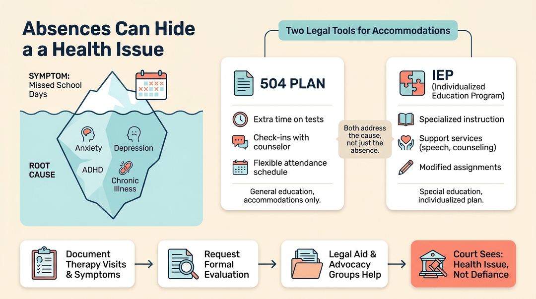 Infographic showing absences as iceberg symptoms, comparing 504 and IEP tools, and outlining steps to document health issues for legal support.
