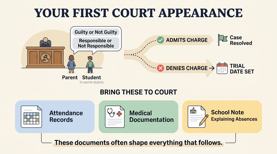 Infographic showing court options for attendance: admitting charge resolves the case, while denying it sets a trial date.