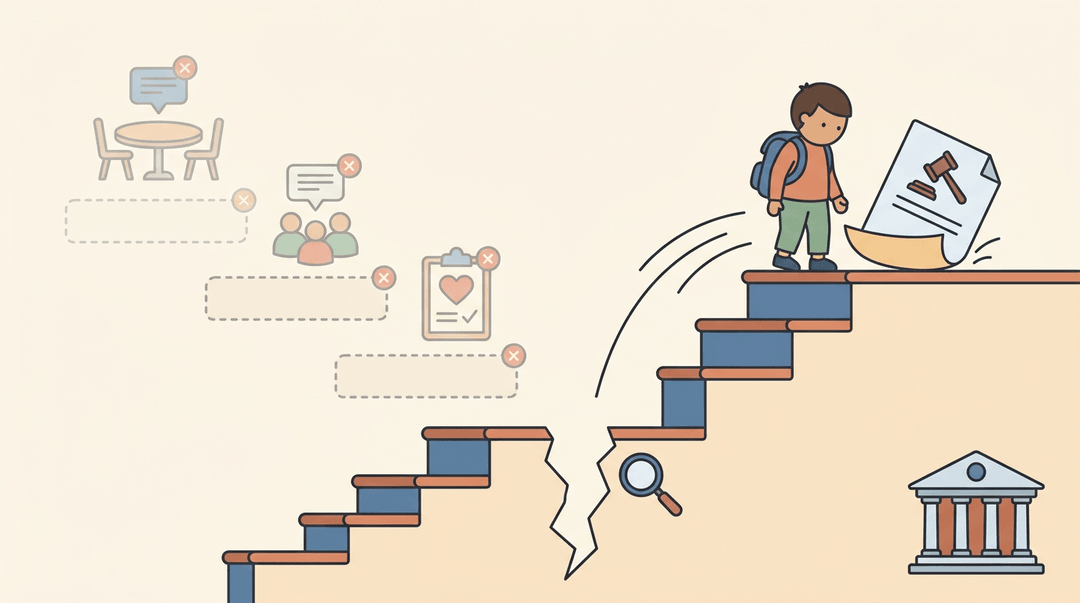 A child leaps over missing educational support steps to land on legal paperwork, highlighting gaps in care.