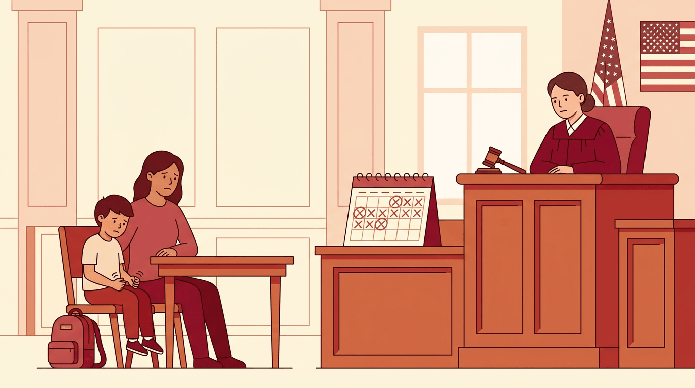 A judge in red robes presides over a truancy hearing where a worried parent and child face the bench, with missed school days marked on a calendar.